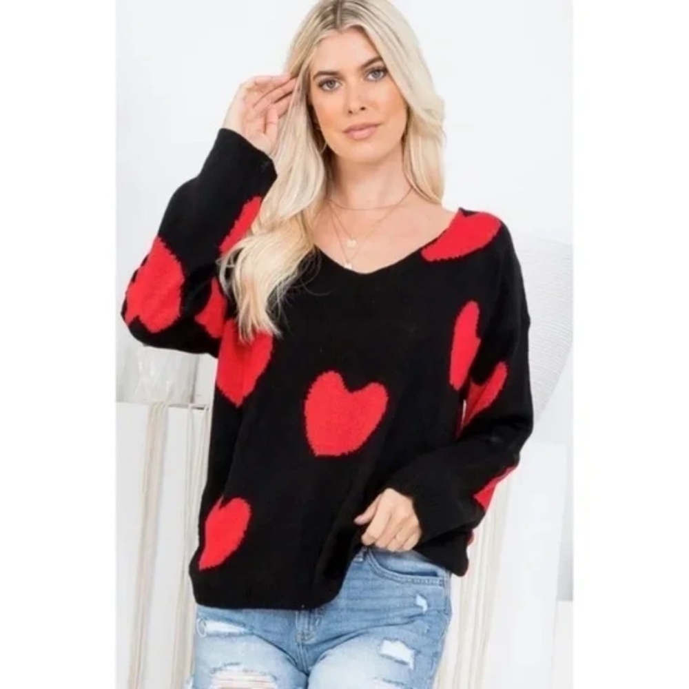 Black Red Multi Heart Knit V-Neck Valentines Day Long Sleeve Relaxed Sweater